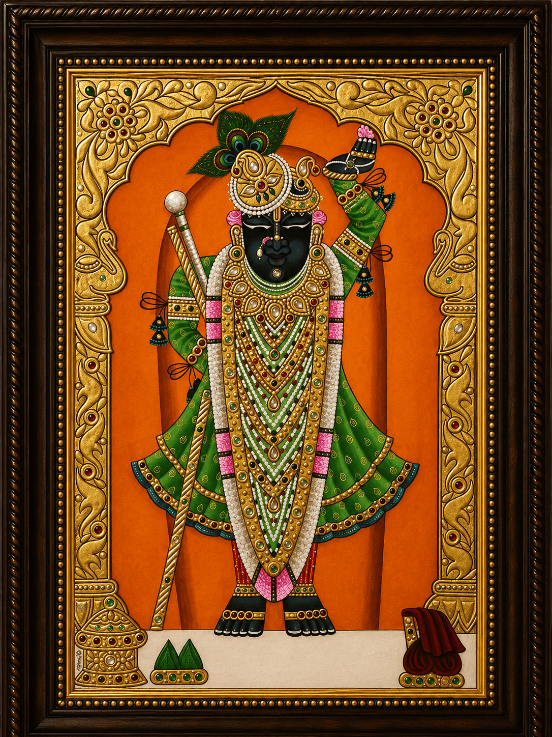 Handmade Nathdwara Shrinathji Tanjore Painting with Peacock Feather – Traditional Indian Wall Art